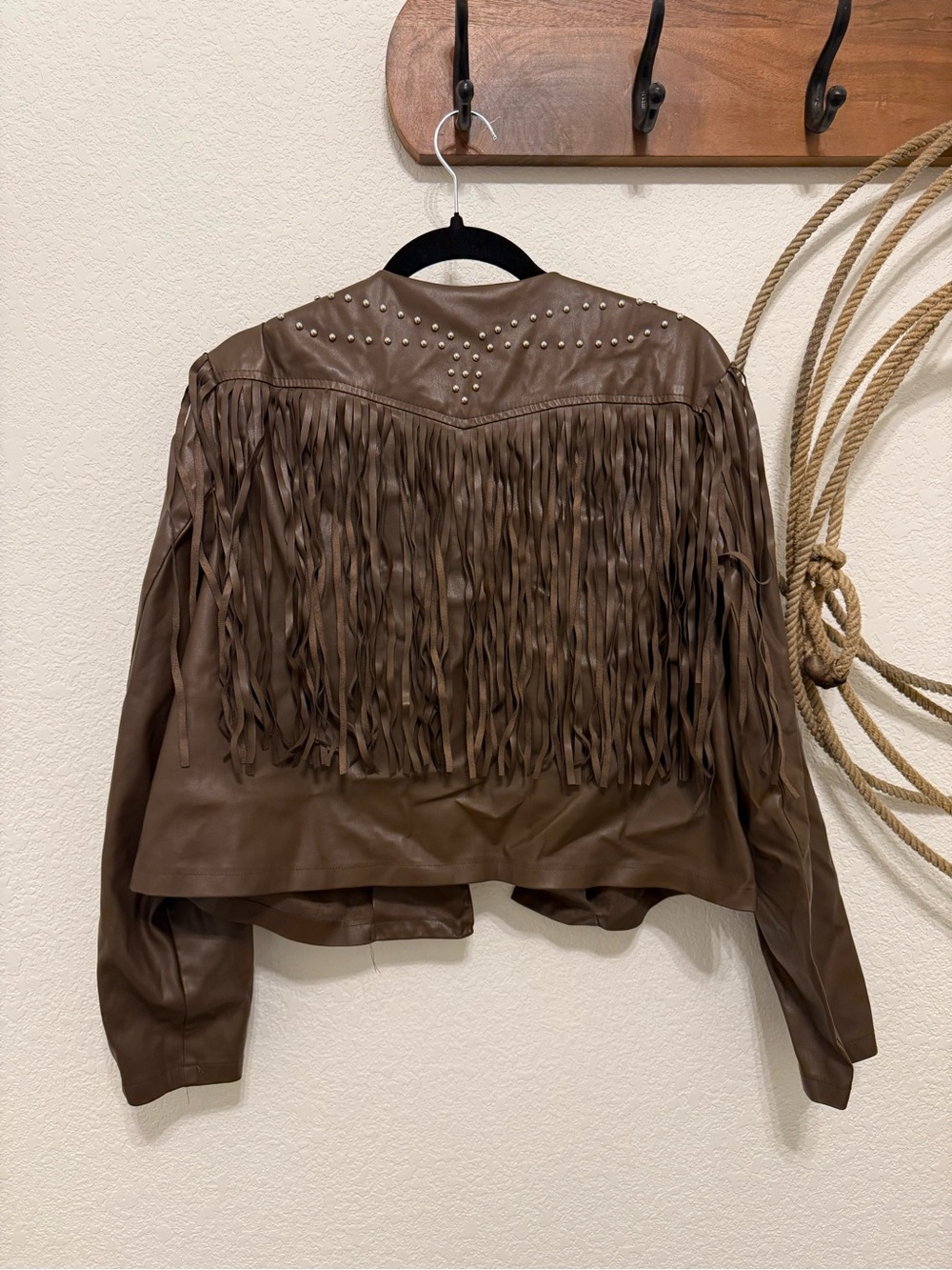 Vintage Western Brown Faux Leather Fringe Studded Open Jacket (Size XL)
